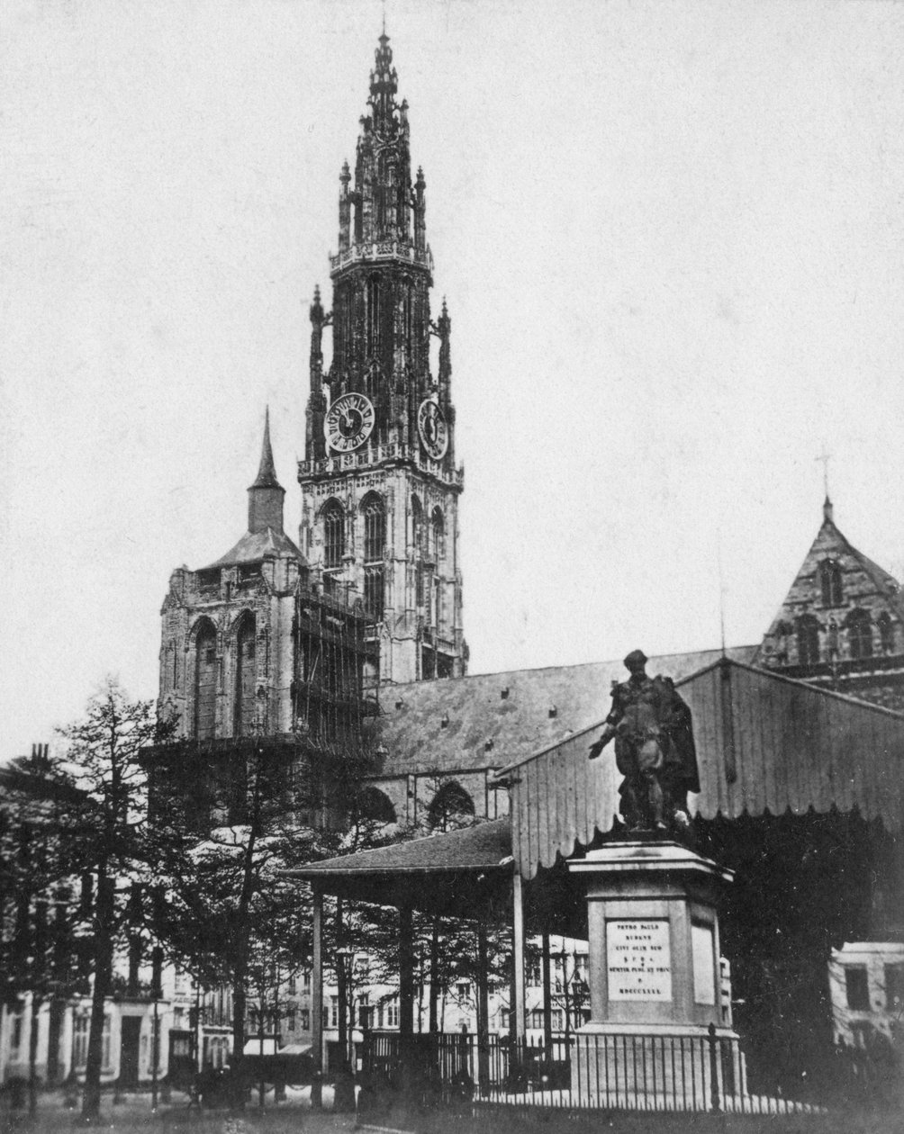 Antwerpens katedral och staty av konstnären Peter Paul Rubens, Belgien, 1867 av Unbekannt