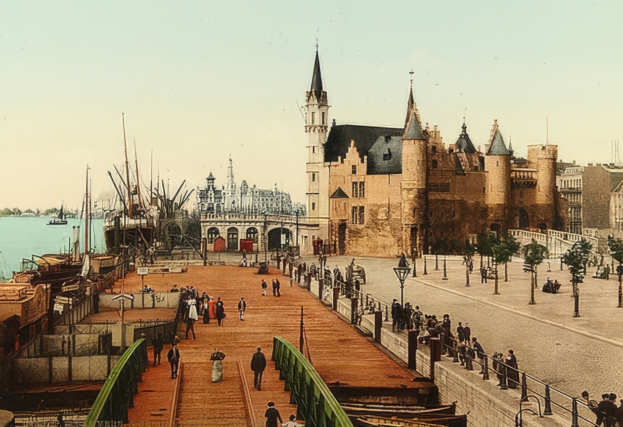 Antwerpen (Anvers). Utsikt över det gamla slottet (Het Steen) till hamnen. Omkring 1900 av Unbekannt