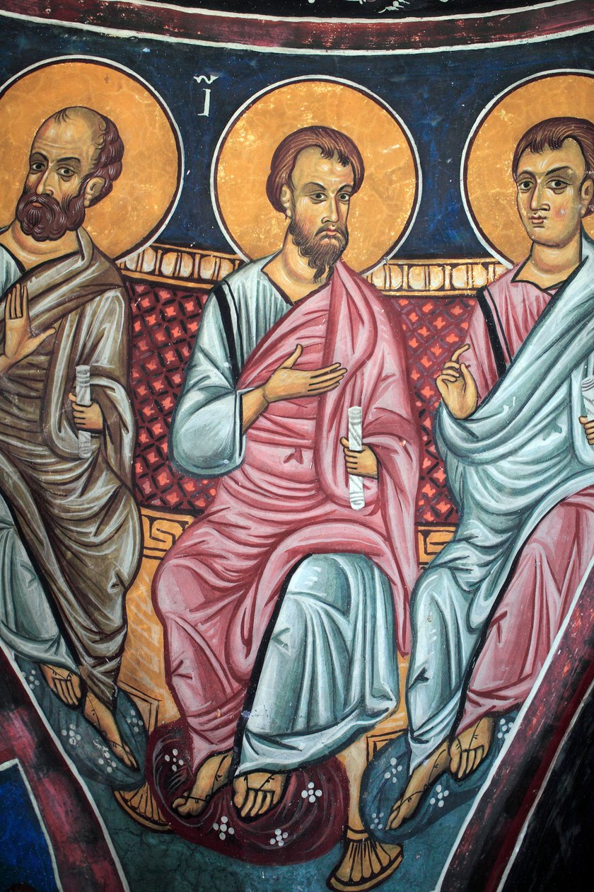 Apostlarnas representation kring Kristus och den sista domen Detalj av den bysantinska fresken från Narthex-valvet i kyrkan i Asinou Senaste domsscen 1300-talet (1332) UNESCO, världskulturarv Troodos-regionen, Cypern av Unbekannt