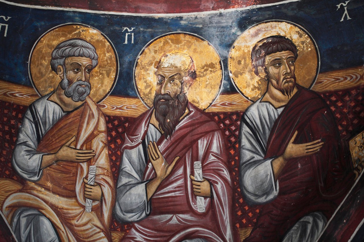 Apostlarnas representation kring Kristus och den sista domen Detalj av den bysantinska fresken från Narthex-valvet i kyrkan i Asinou Senaste domsscen 1300-talet (1332) UNESCO, världskulturarv Troodos-regionen, Cypern av Unbekannt