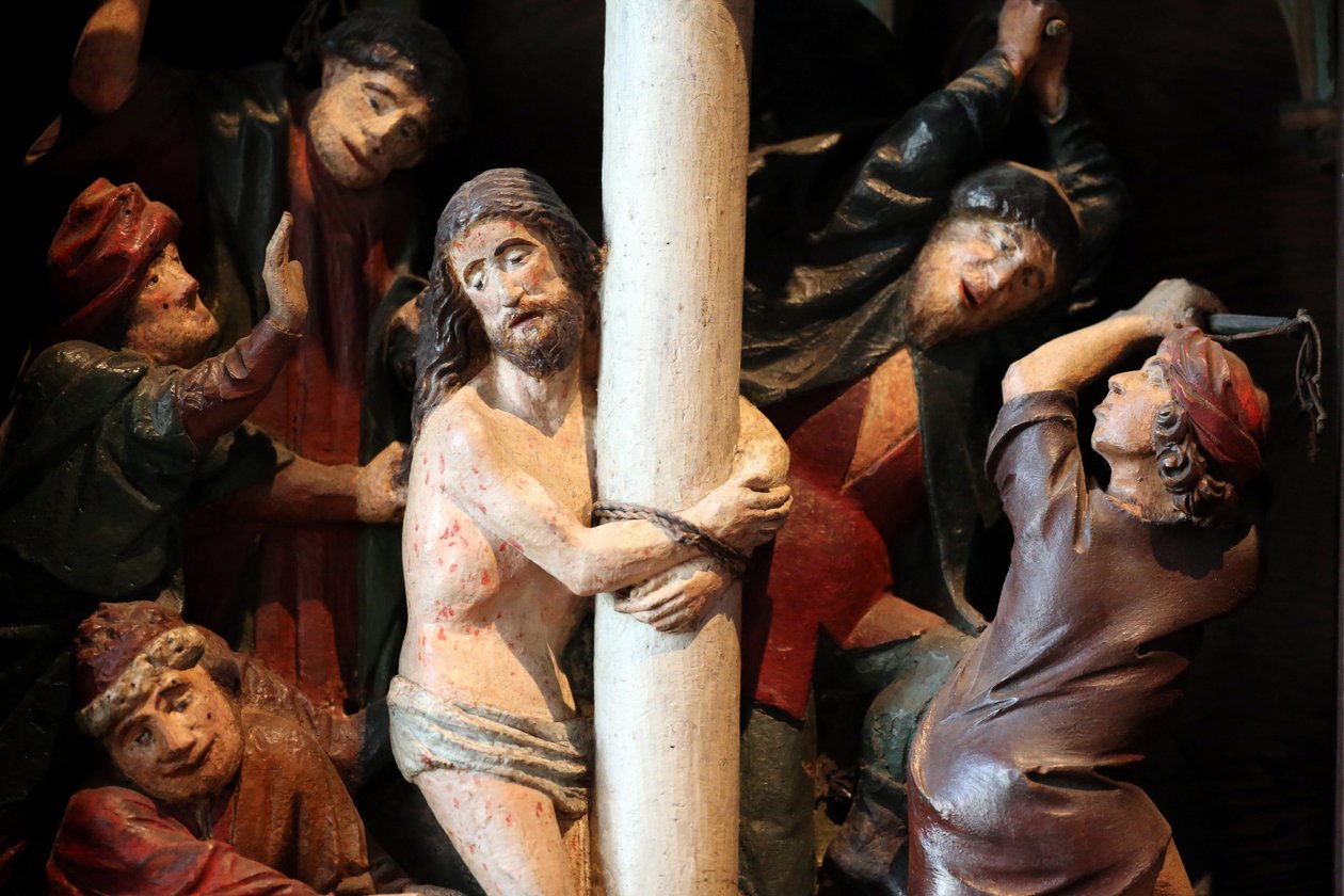 Arbois, Jura, Frankrike, le 31/8/2015 - Saint-Hippolyte kyrka. Retabel från 1400-talet. Kristi flagellation. av Unbekannt