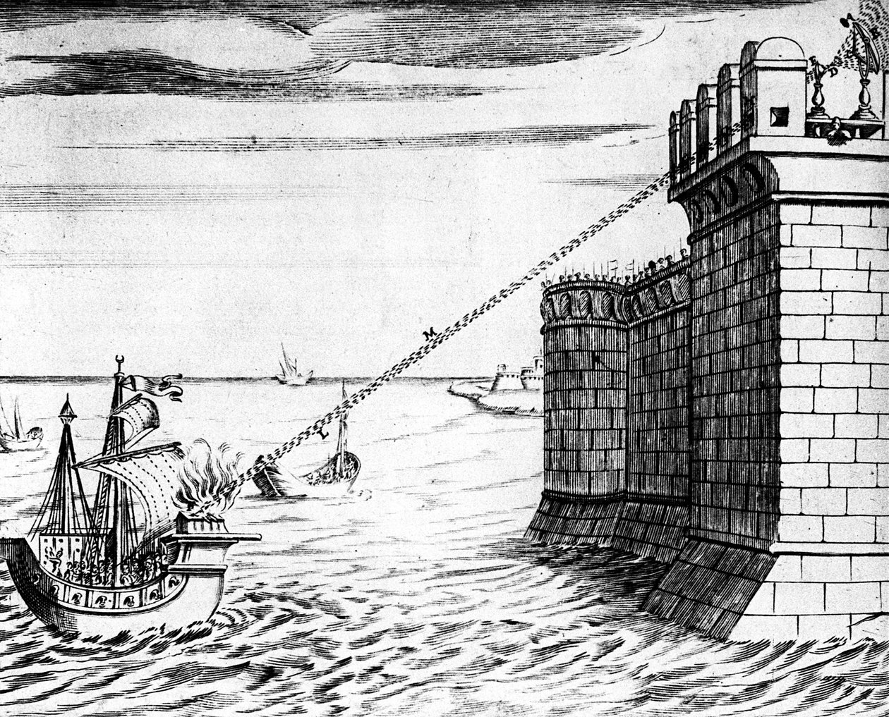 Archimedes Burning Mirror, enhet som användes vid belägringen av Syrakusa, 215-212 f.Kr. 1642 av Unbekannt
