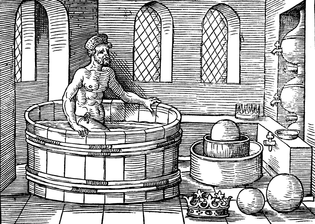 Arkimedes c287-212 f.Kr., antik grekisk matematiker och uppfinnare, i sitt bad av Unbekannt