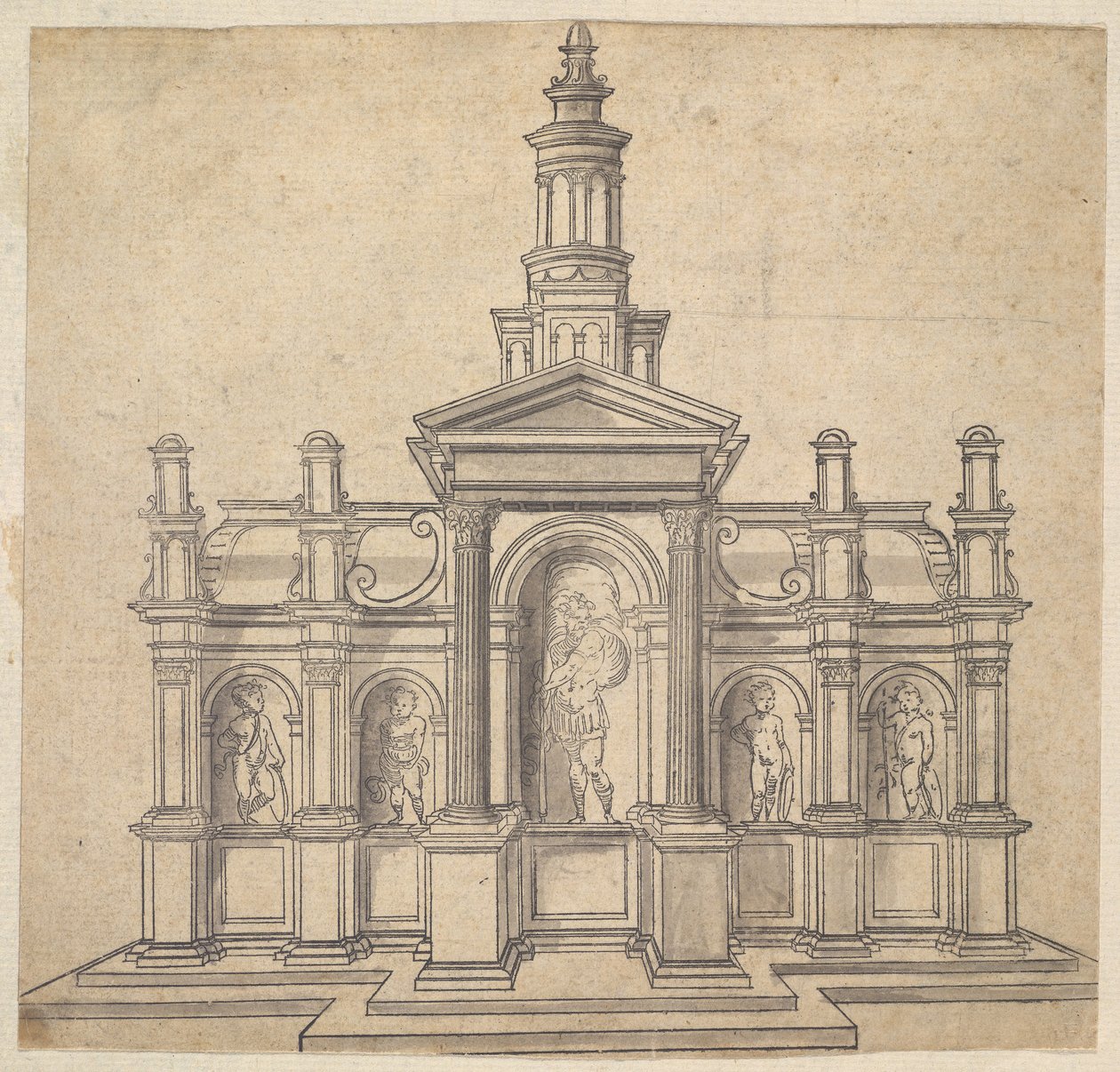 Arkitektoniskt format tabernakel med en helgon och fyra Putti, ca. 1530-49. av Unbekannt