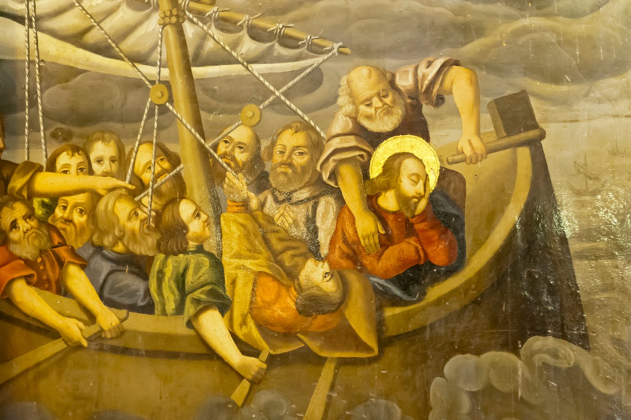 Armeniska apostoliska kyrkan; Väggmålning; storm; Jesus med sina lärjungar i båten under en storm; Betlehemskyrkan eller Bedkhemskyrkan; Julfa härad eller Jolfa; Isfahan; Iran; Asien av Unbekannt