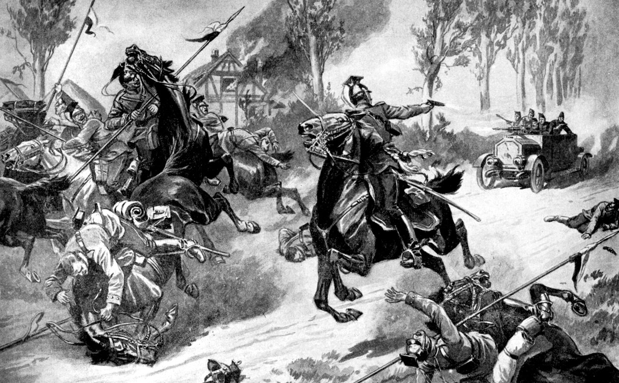 Bepansrade belgiska trupper under attack av Uhlans, första världskriget, 1914 av Unbekannt