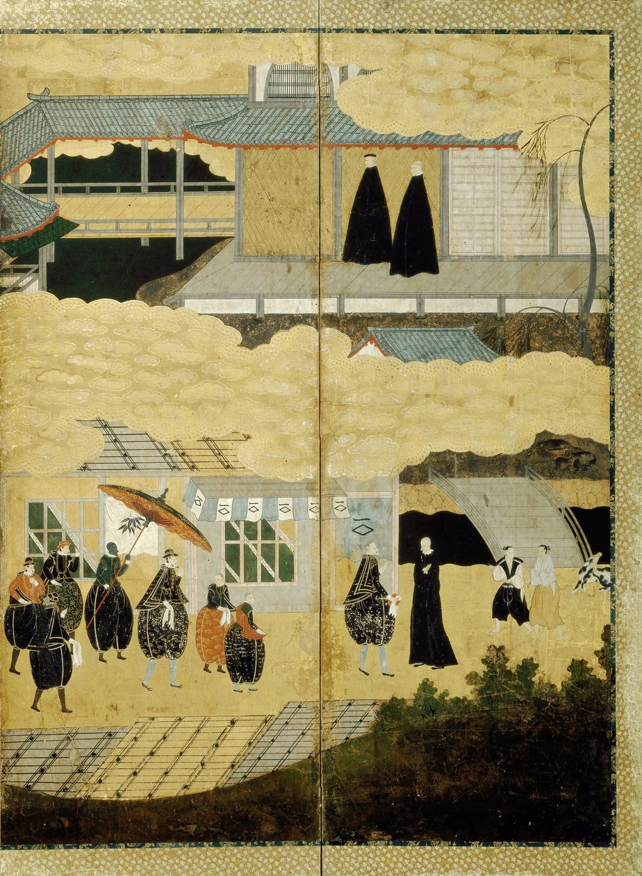 Ankomst av ett portugisiskt fartyg. Nanban skärm. Detalj: Japanska kristna, ca. 1600 av Unbekannt