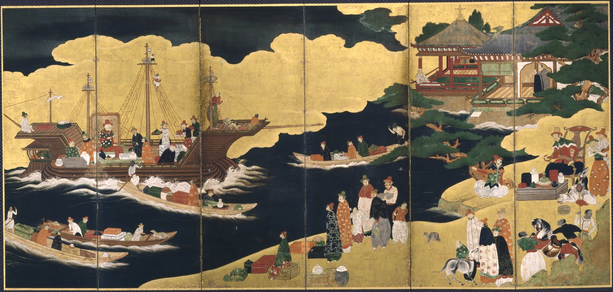 Ankomst av ett portugisiskt fartyg. Nanban-skärm, ca. 1600 av Unbekannt