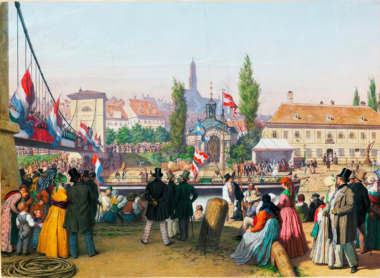 Ångbåtens ankomst till stationen vid Donau-kanalen, Wien, 1845 Akvarell av Unbekannt