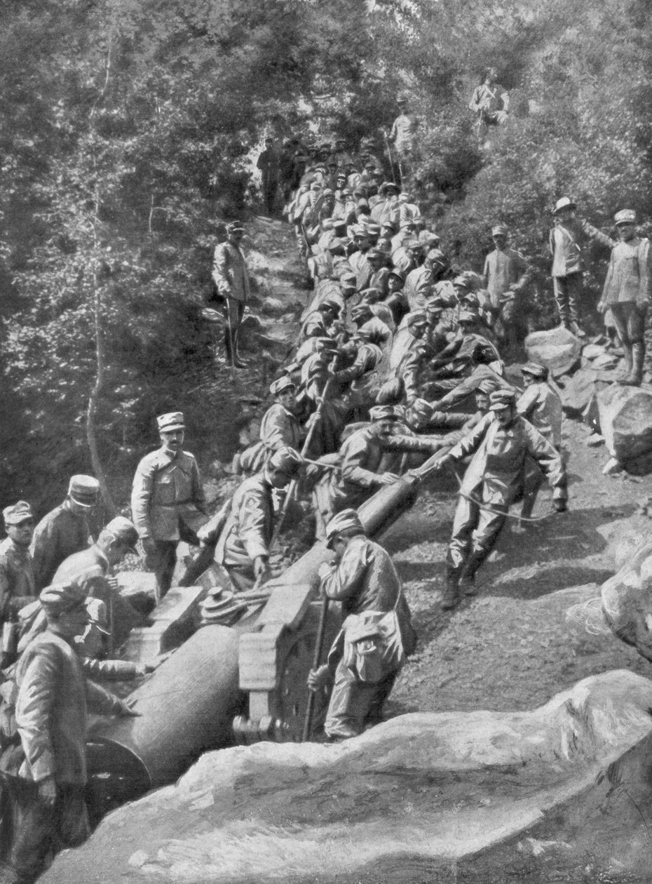 Artilleripjäs som dras av 600 soldater, andra slaget vid Isonzo, första världskriget, 1915 av Unbekannt