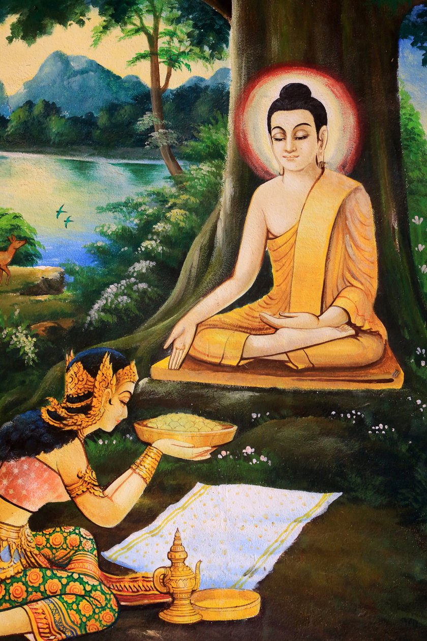 Den asketiske Buddha erbjöds en skål med mjölk-rismåltid på morgonen av sin upplysning av Nandabala. Målning som skildrar Shakyamuni Buddhas livshistoria. Wat Ong Teu Vackert. Den tunga Buddhas tempel. Ventiane. Laos, 20151028, Vientiane, Laos av Unbekannt