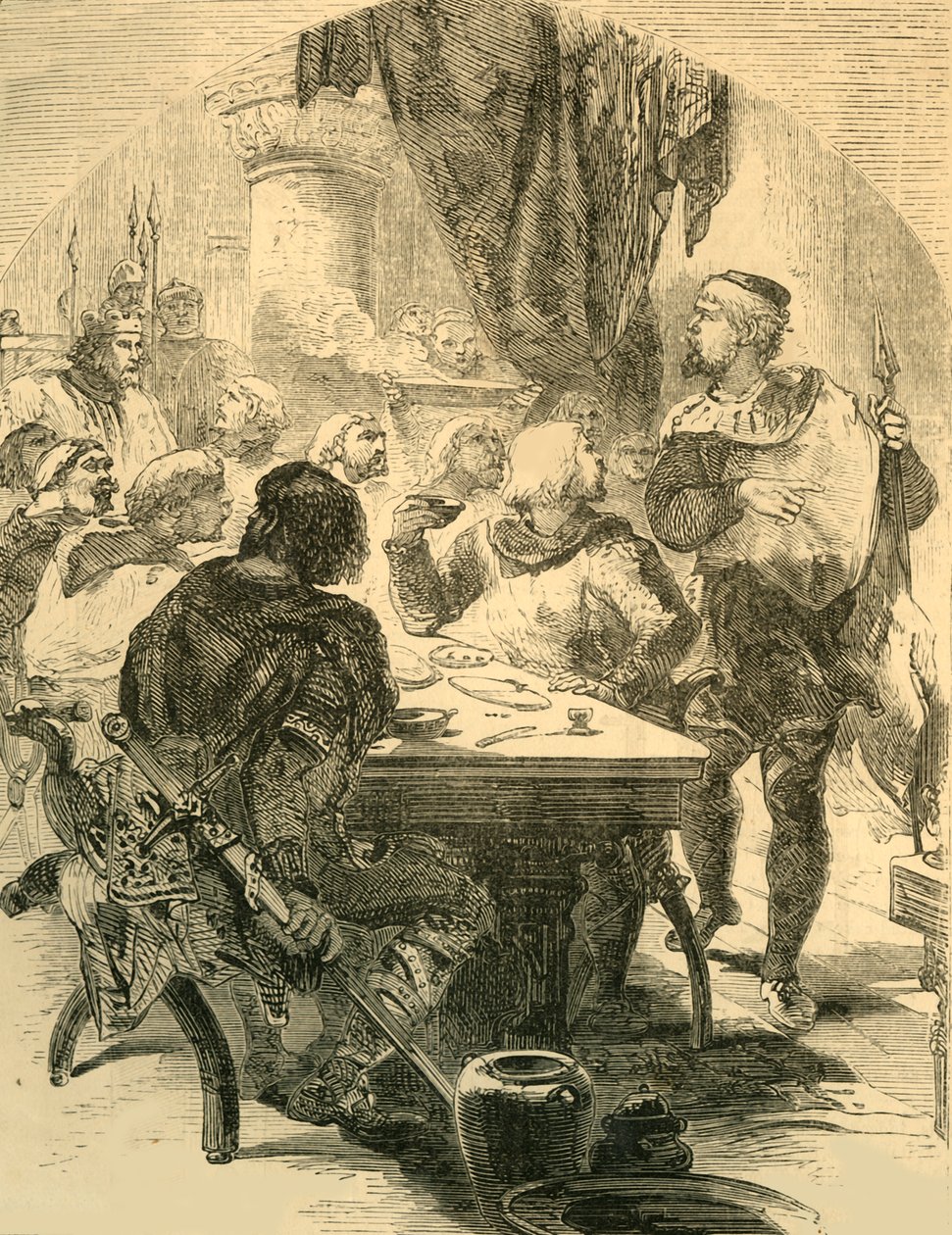Vid en bankett av Harold får han nyheterna om normandernas invasion, c1890. av Unbekannt