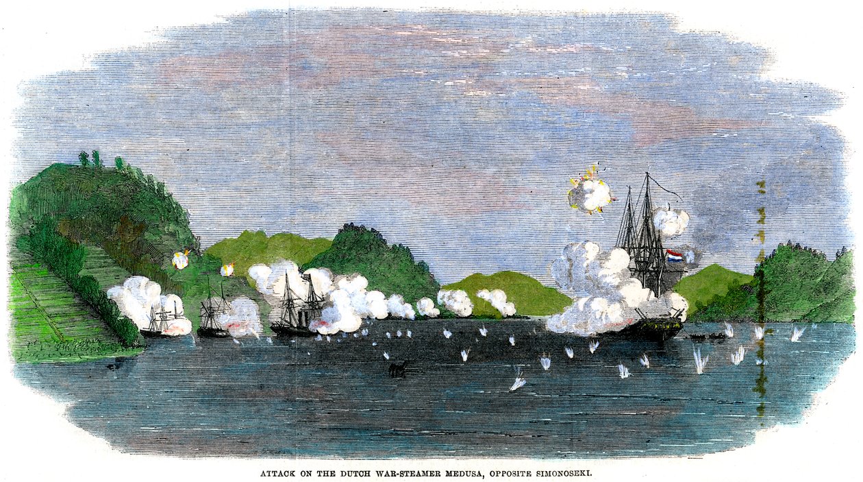Attack mot den holländska krigsångaren Medusa, mitt emot Shimonoseki, Japan, 1863 av Unbekannt