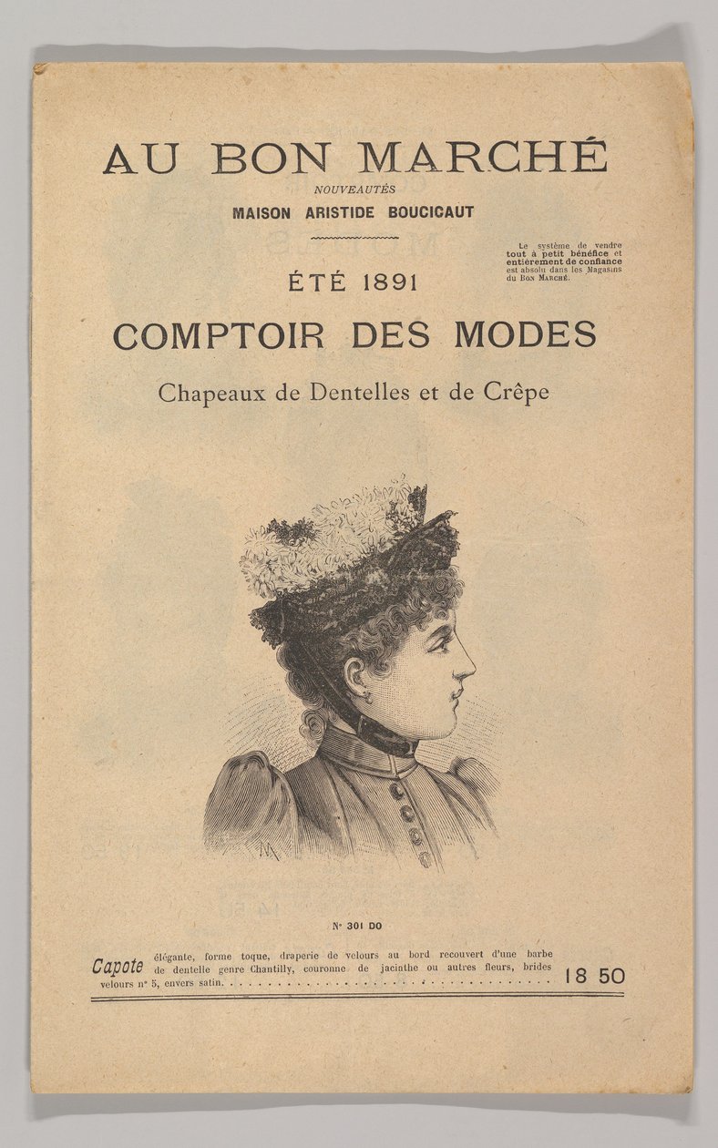 Au Bon Marché-Comptoir des Modes, spets- och crepehattar, sommaren 1891, 1891. av Unbekannt