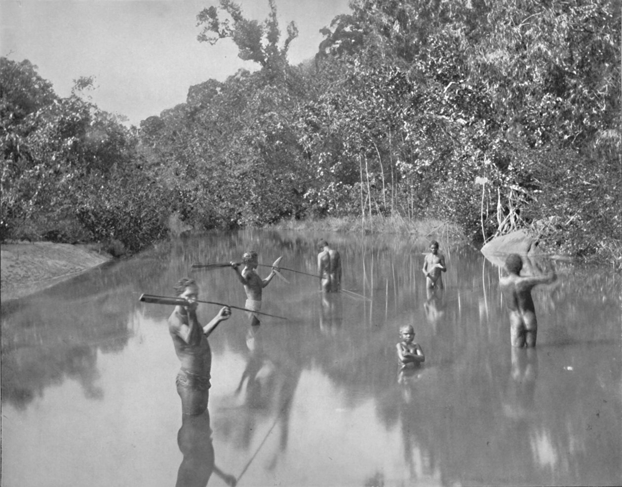Australiska aboriginer som spjuter fisk, 1800-talet av Unbekannt