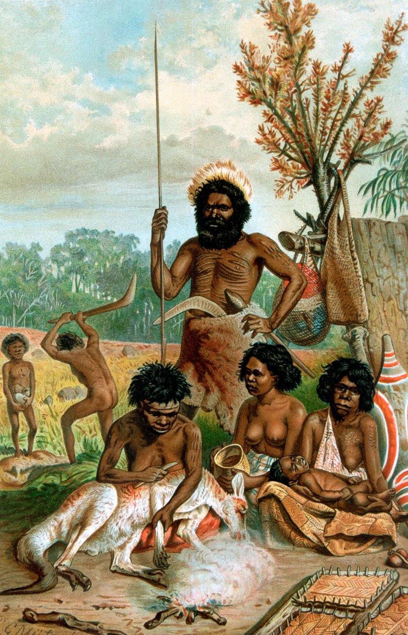 Australiska aboriginer som slaktar en känguru, 1885-1888 av Unbekannt
