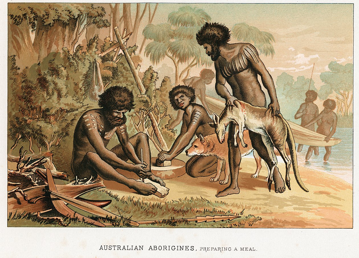 Australiensiska infödda lagar måltid från ett djur de har jagat, c1895 av Unbekannt