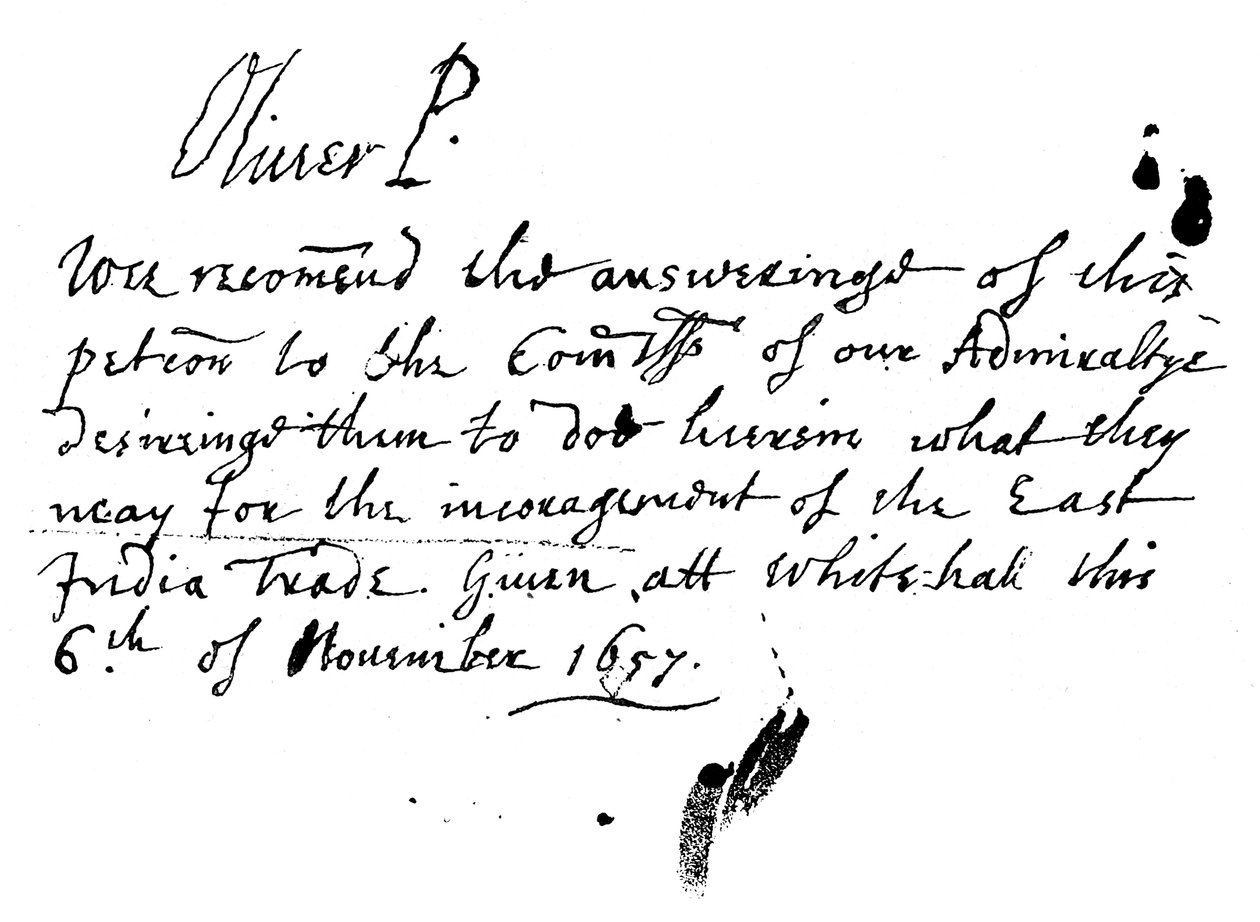 Autografanteckning av Oliver Cromwell till en framställning från Ostindiska kompaniet, november 1657, 1893 av Unbekannt