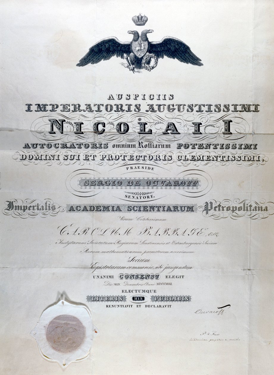 Babbage Diploma från Imperial Academy of Sciences Petropolitan av Unbekannt