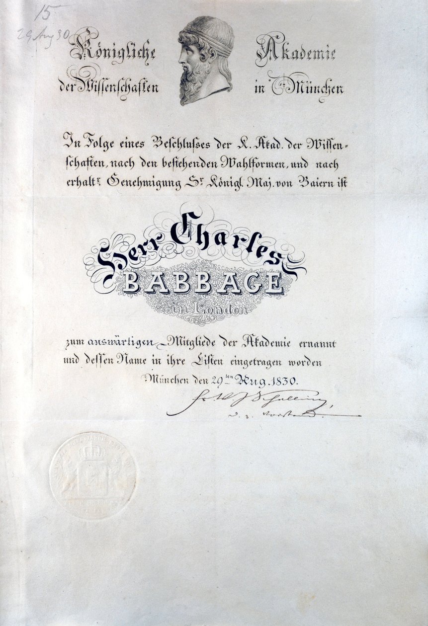 Babbage Diploma från Royal Academy of Sciences München av Unbekannt