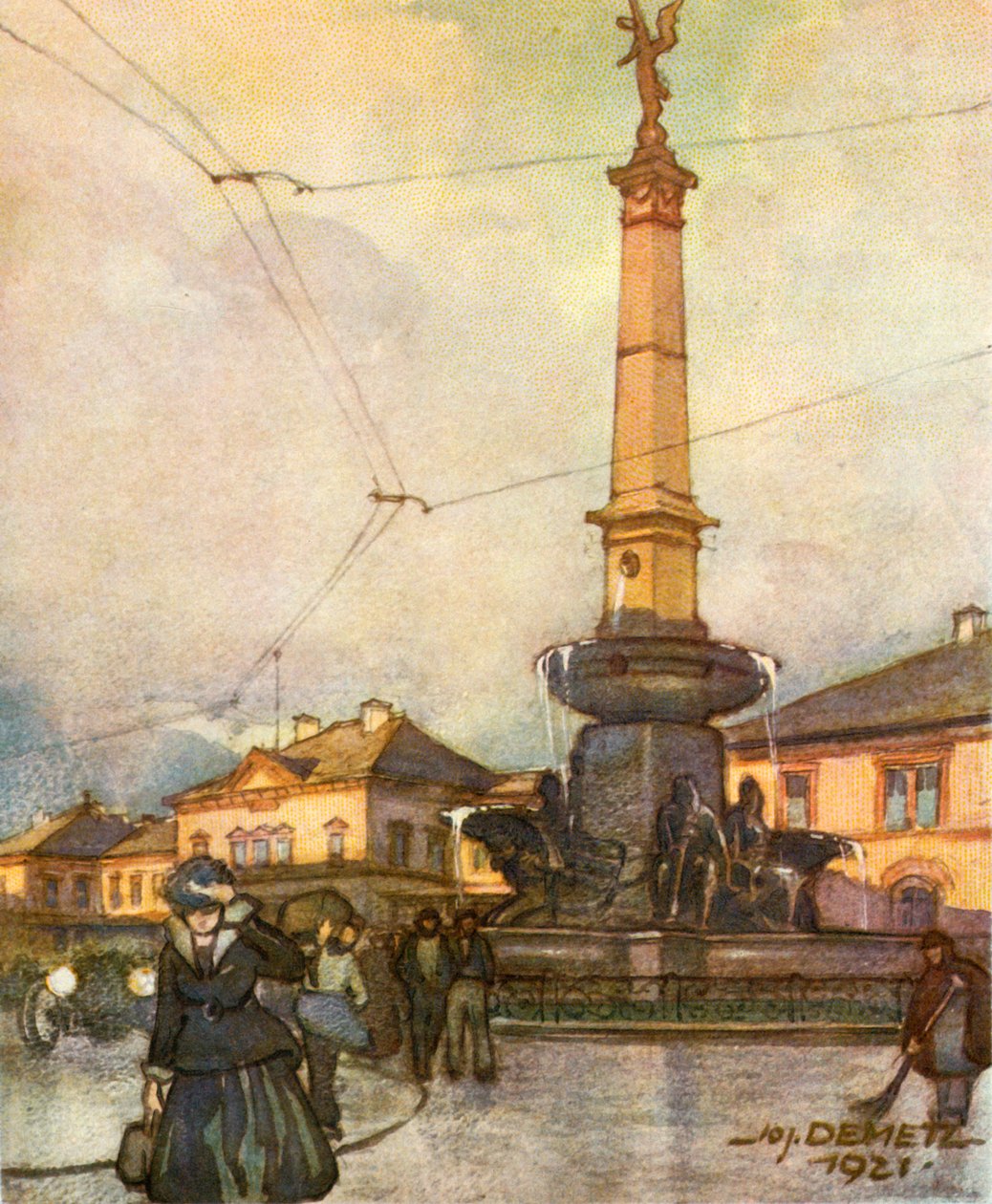 Tågstation med Unification Fountain, Järnvägsstation med Unification Fountain, c1929. av Unbekannt