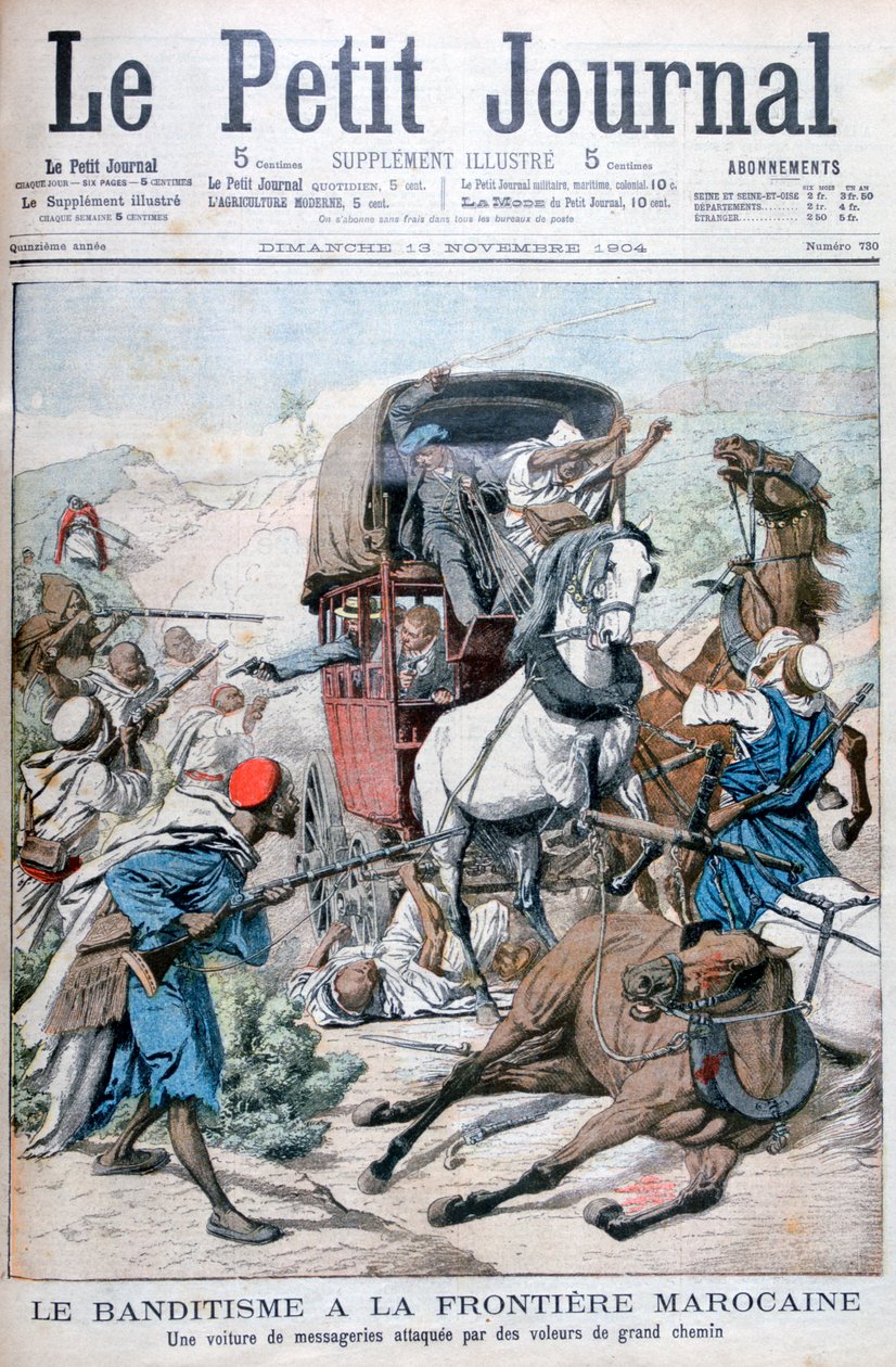 Banditer attackerar en postbuss vid den marockanska gränsen, 1904 av Unbekannt