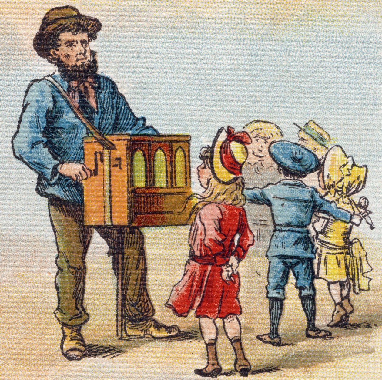 Barbary orgel. Gravyr i "Alphabet de ma petite fille". Bernardin-Bechet och Fils, bokhandlare-förlag, Paris, omkring 1895. Okrossbart album på duk. Bibliotheque des Bebes. 12 sidor. Album innehållande en läsmetod och en illustrativ abecedary. av Unbekannt