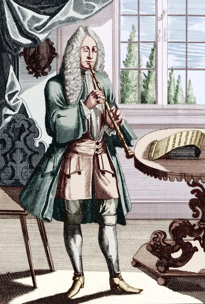 Barock oboe musiker bildtext lyder - Man playing hautboy (eller hautbois) vilket är tidig oboe Gravyr av J C Weigel (1661-1726) från Musikalisches Theatrum. av Unbekannt