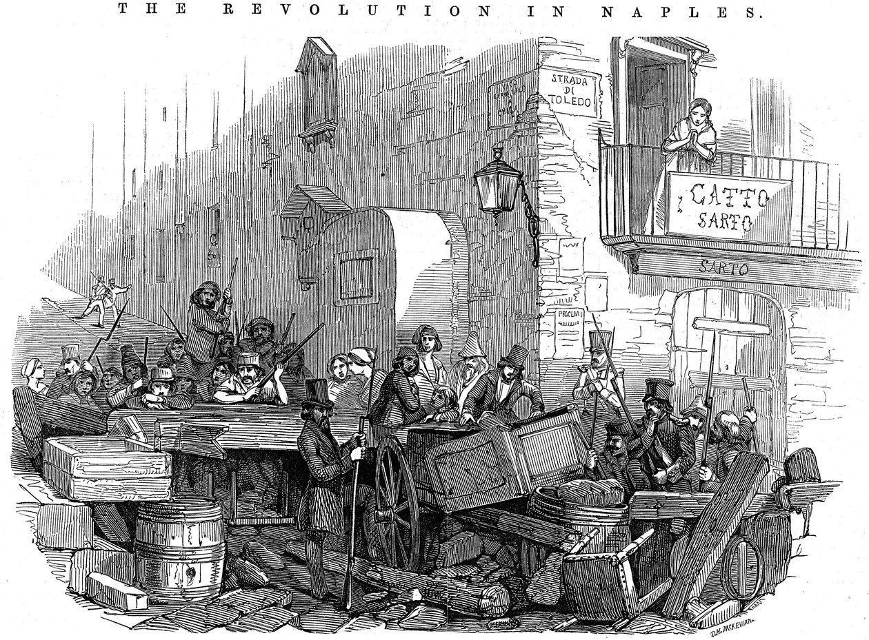 Barrikad i Strada di Toledo strax före attacken, Revolutionen i Neapel, 15 maj 1848 av Unbekannt