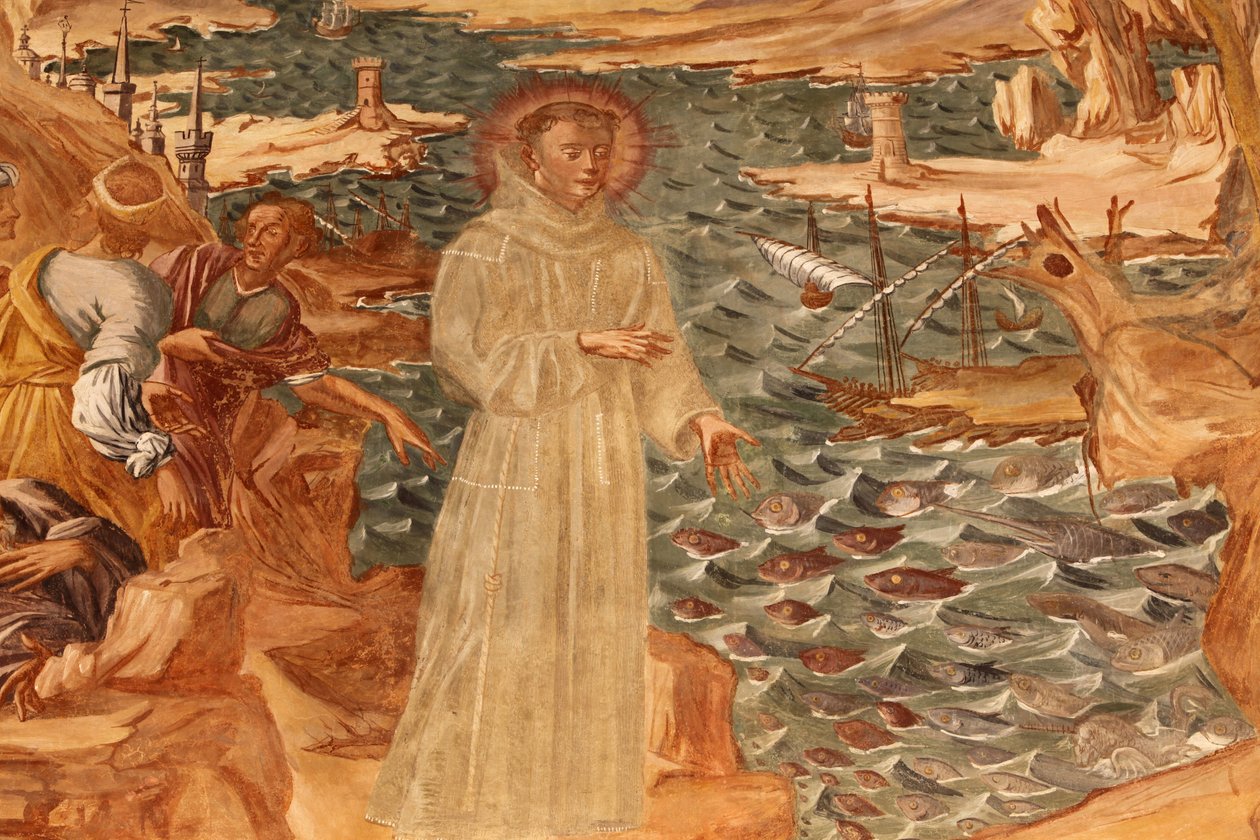 Basilica di Santa Caterina, Galatina, Apulien Fresk i klostret: Sankt Antonius predikar för fisken Målad av BrJoseph av Gravina 1696, Galatina, Italien av Unbekannt