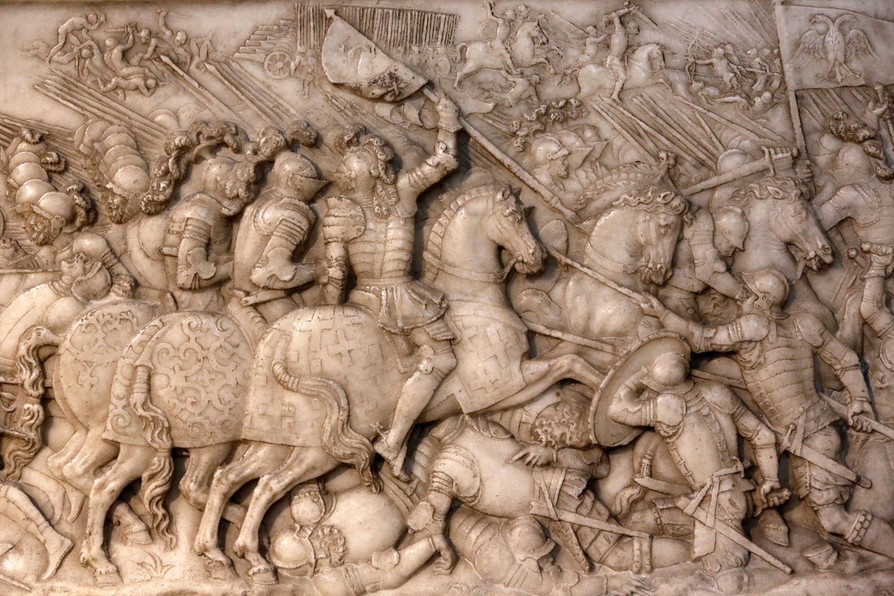 Basilica of St, Denis, Tomb of Francis 1 kung av Frankrike och Claude av Frankrike, Foundations lågrelief, Skildring av slaget vid Cerisoles, här det franska kavalleriet vända mot de kejserliga trupperna, Saint-Denis, Frankrike av Unbekannt
