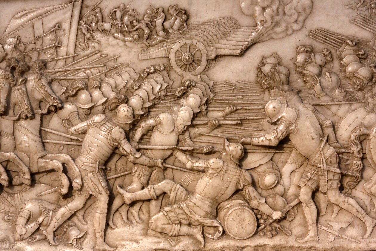 Basilica of St, Denis, Tomb of Francis 1 kung av Frankrike och Claude av Frankrike, Foundations lågrelief, Skildring av slaget vid Marignano 1515 - fransmännen och deras artilleri vända mot det gamla schweiziska konfederationen, Saint-Denis, Frankrike av Unbekannt