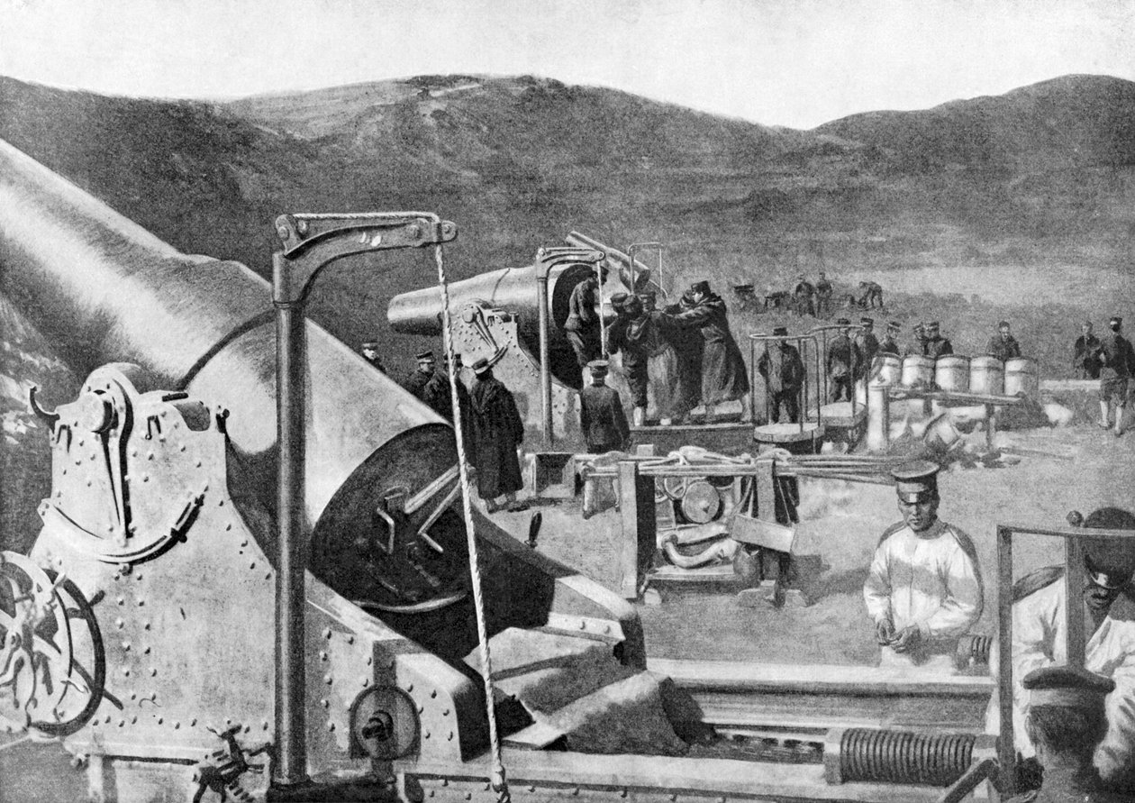 Batteri av japanska belägringsvapen som bombarderar Port Arthur, rysk-japanska kriget, 1904-5 av Unbekannt
