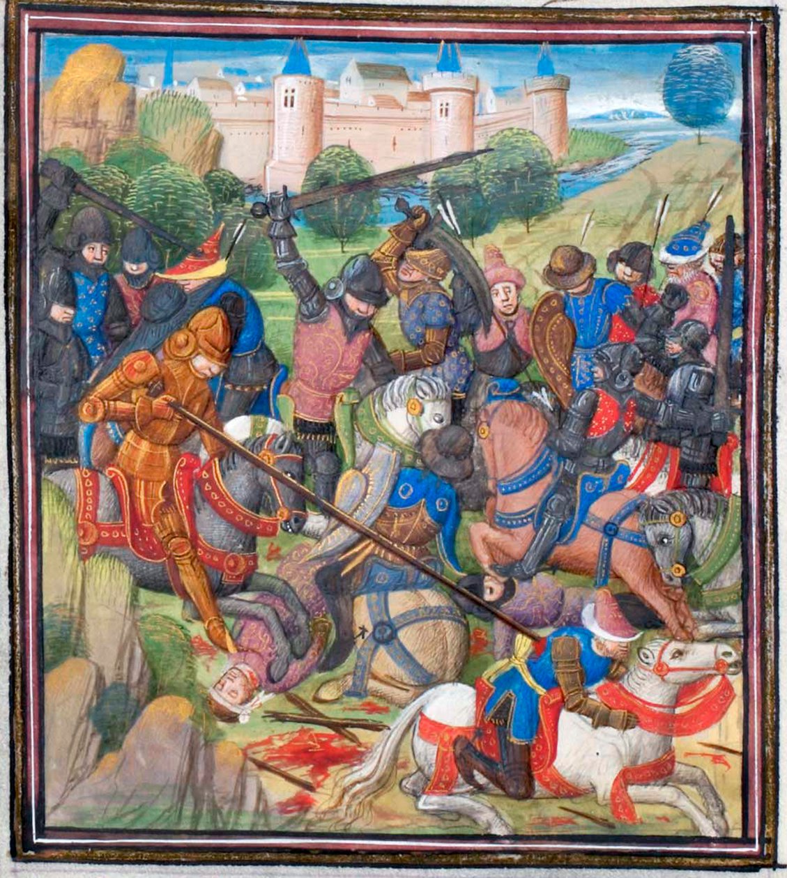 Strid mellan korsfarare under Baldwin II av Jerusalem och saracenerna. Miniatyr från Historia av William av Tyrus, 1460-talet av Unbekannt