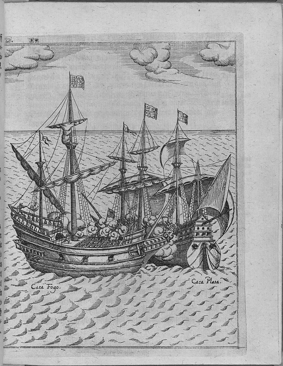 Strid mellan Francis Drakes skepp Golden Hind och det spanska skeppet Cacafuego. Från Levinus Hulsiu av Unbekannt