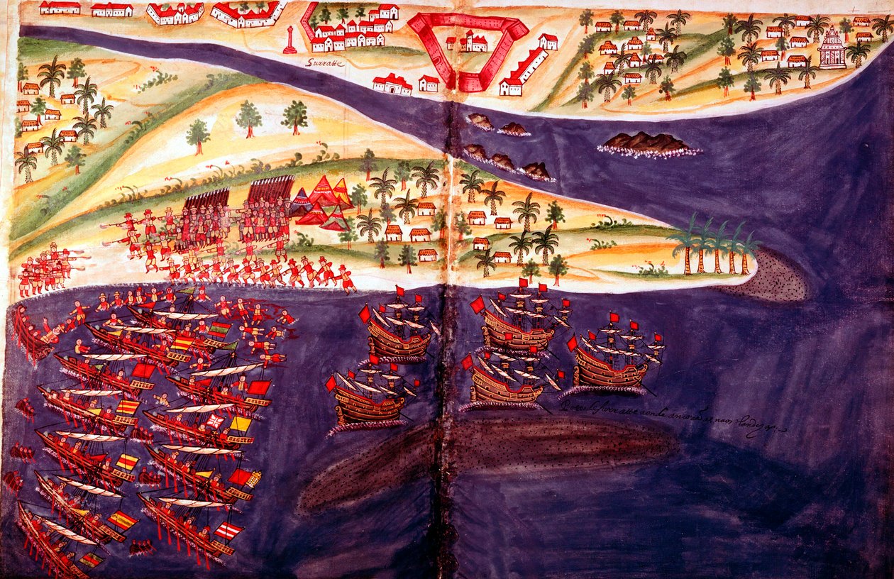 Strid mellan muslimer och portugiser vid Surat, Gujarat nära Bombay, Indien, c1500-talet av Unbekannt