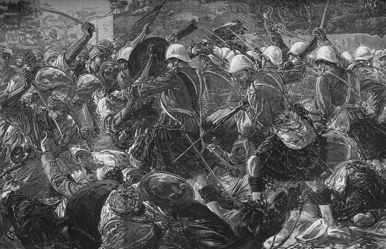 Slaget vid Baba Wali: The Highlanders Clearing a Village, c1880 av Unbekannt