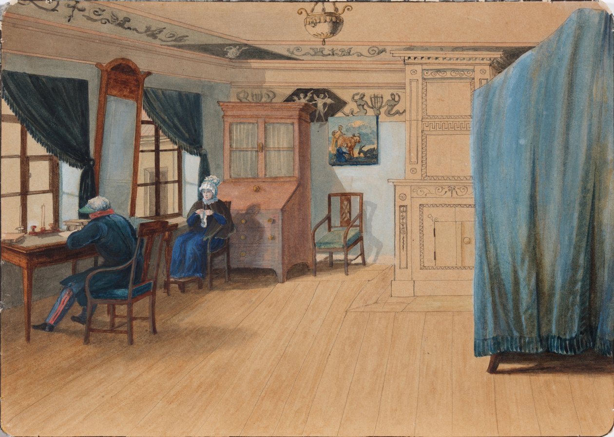 Sovrumsinredning. Greve Yegor Frantsevich Kankrin 1774-1845 vid sitt skrivbord, 1820-talet av Unbekannt