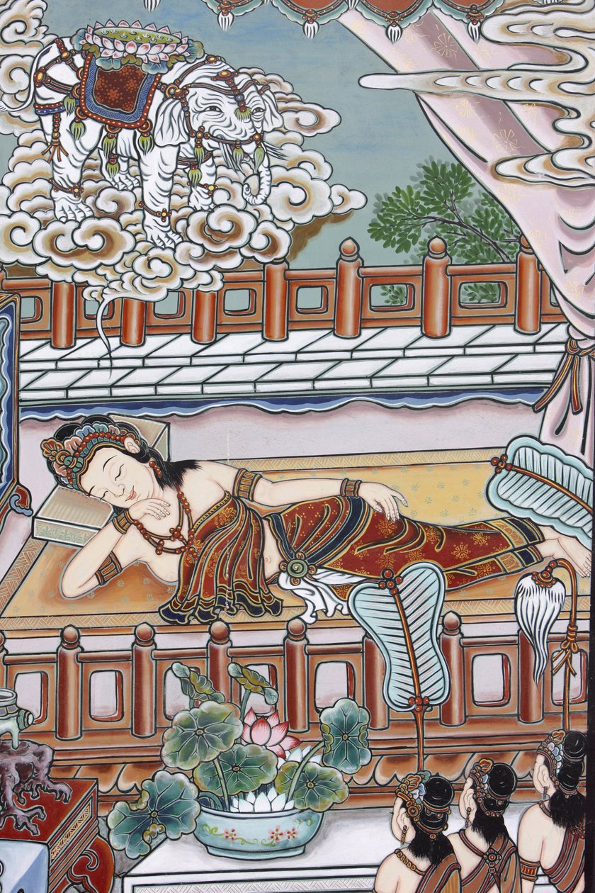 Innan Siddartha Gautamas födelse drömde hans mamma om en vit elefant som skulle ge henne en lotusblomma, Seoul, Coree du Sud av Unbekannt