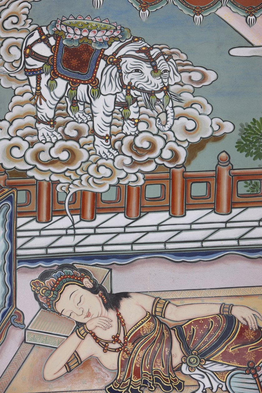 Innan Siddartha Gautamas födelse drömde hans mamma om en vit elefant som skulle ge henne en lotusblomma, Seoul, Coree du Sud av Unbekannt
