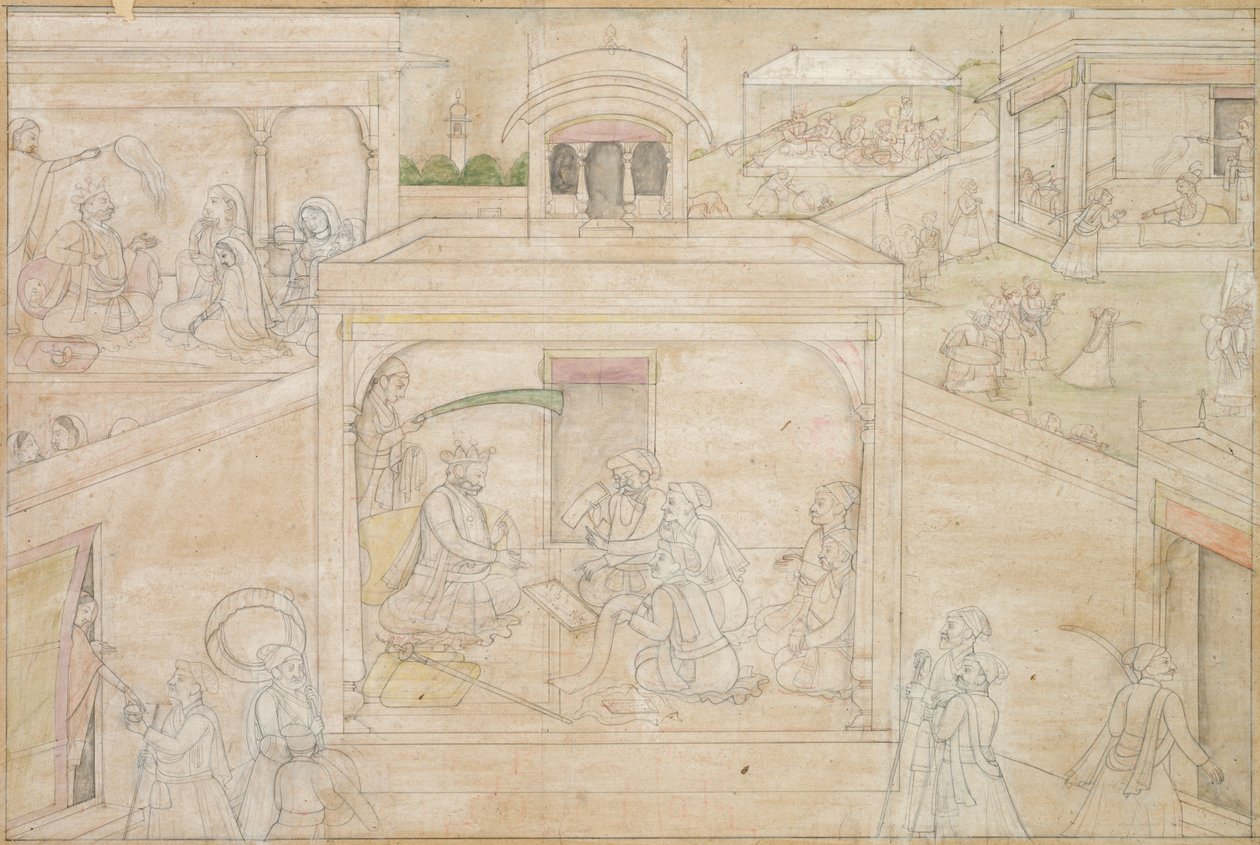 Bhimas konsultation med astrologen: Scen från Nala-Damayanti-teckningarna, ca. 1790-1800. av Unbekannt