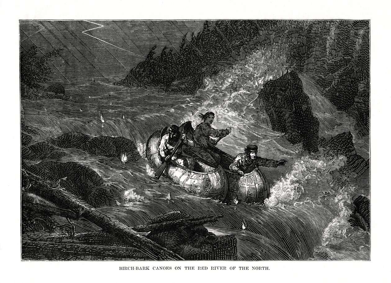 Björkbarkkanoter på Red River of the North, USA, 1877 av Unbekannt