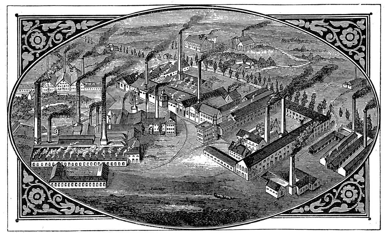 Fågelperspektiv av Krupps verk, Essen, Tyskland, 1876 av Unbekannt