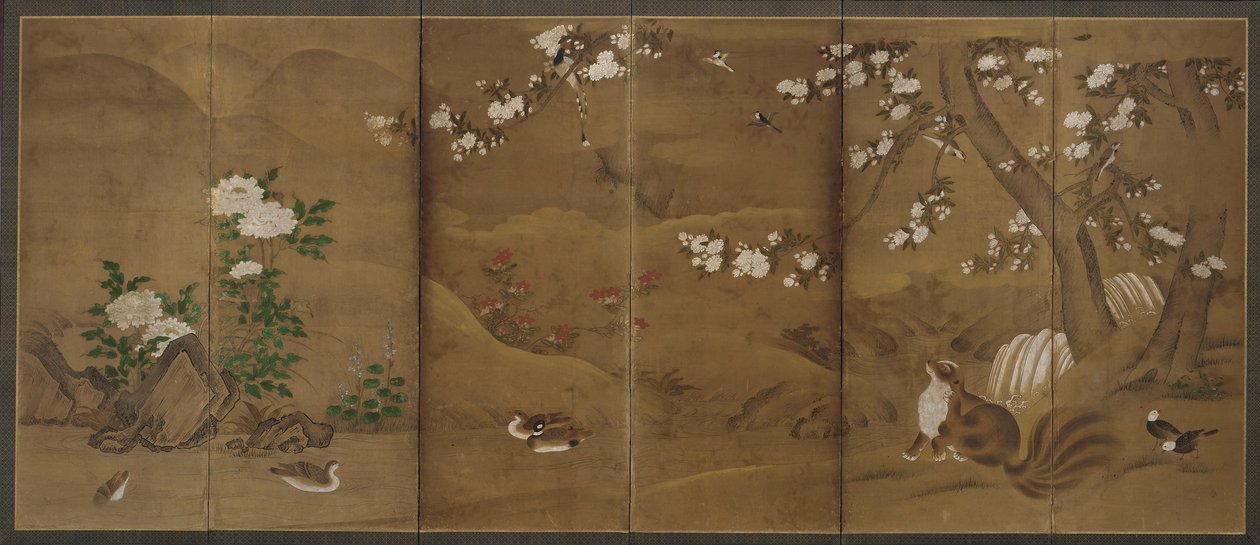 Fåglar, årstidernas blommor och civetkatter, Muromachi- eller Momoyama-perioden, 1500-talet. av Unbekannt