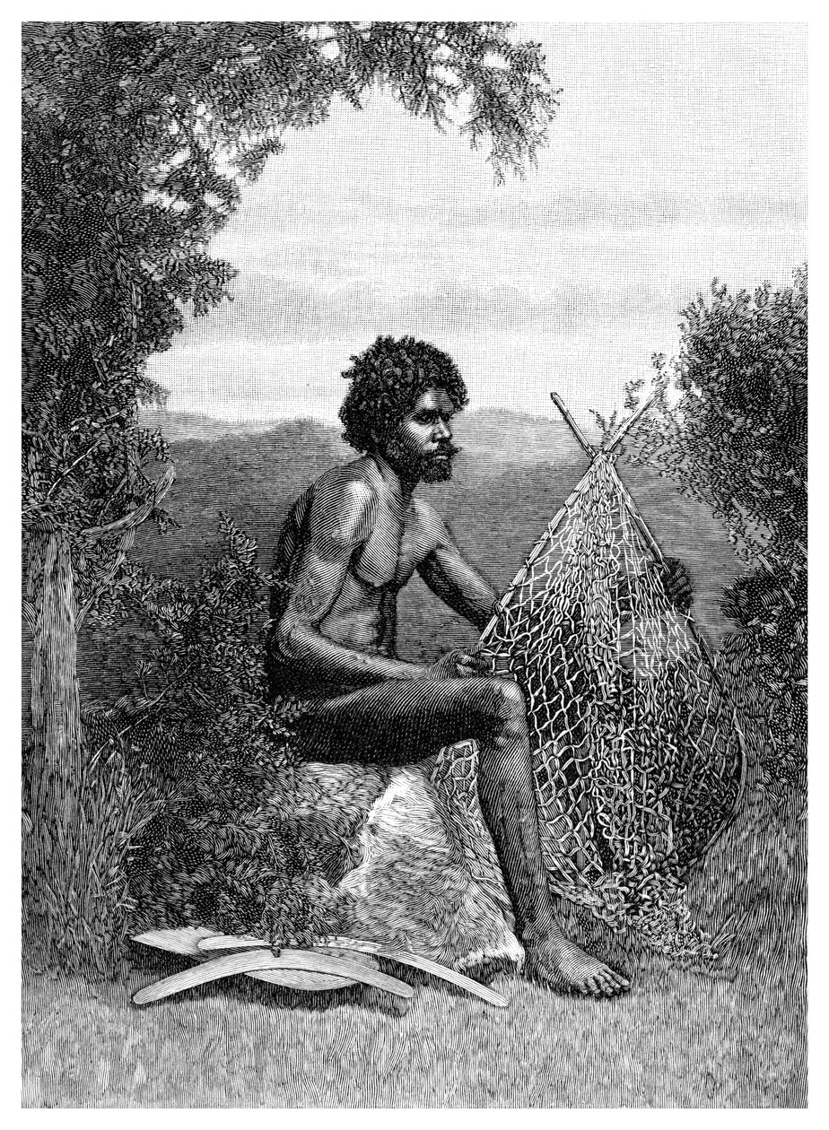 Blackfellow Mending His Net, Australien, 1886 av Unbekannt