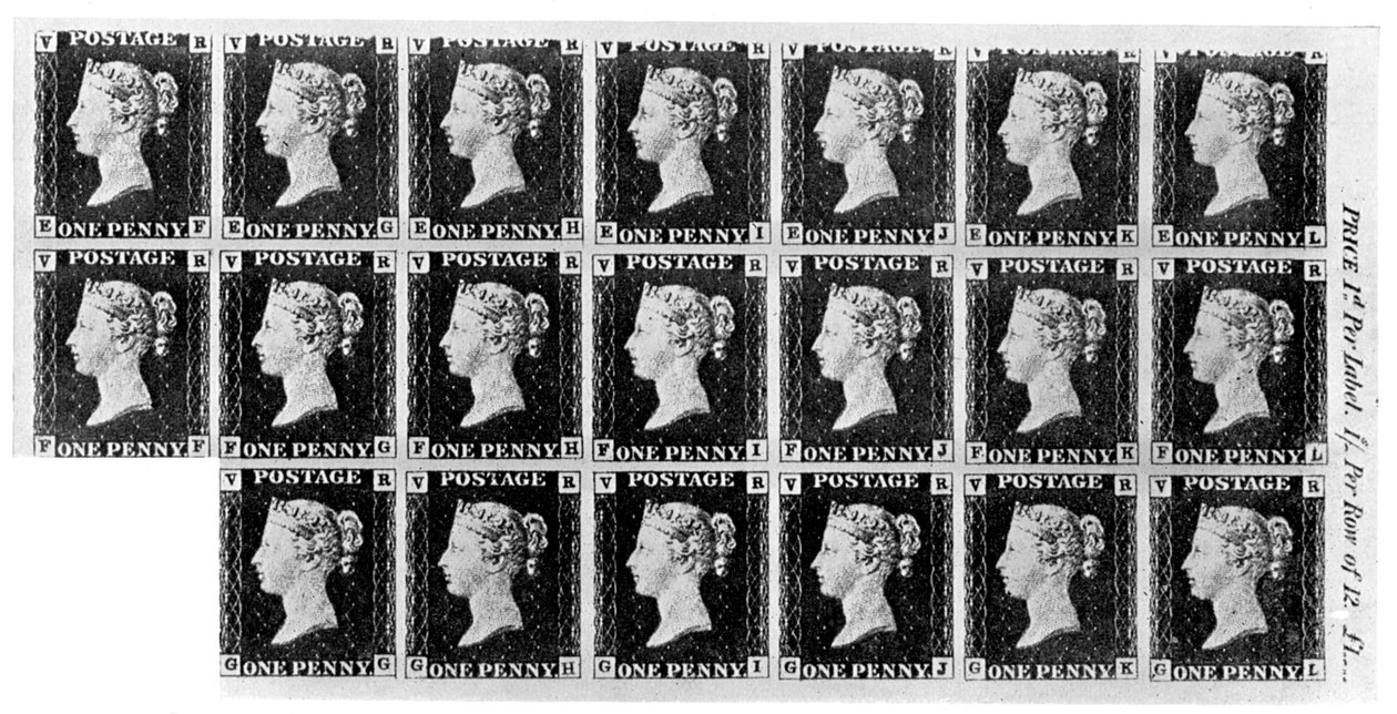 Block med tjugo Penny Black-frimärken, 1840, 1910 av Unbekannt