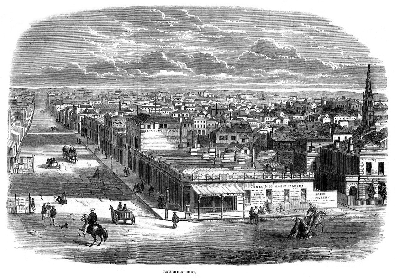 Bourke Street, Melbourne, Australien, 1863 av Unbekannt