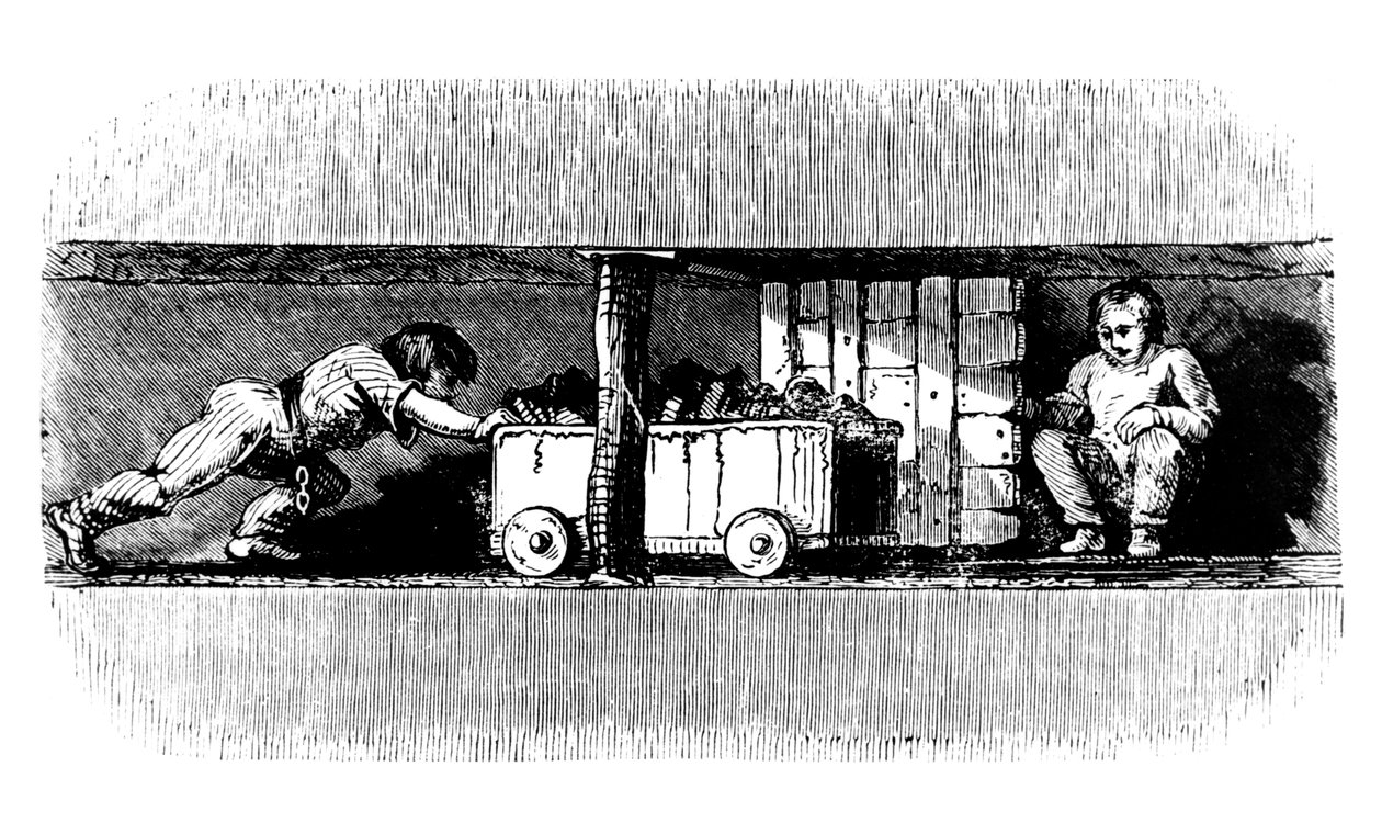 Pojke som skjuter en lastbil lastad med kol från kolytan till botten av gropschaktet, c1848 av Unbekannt