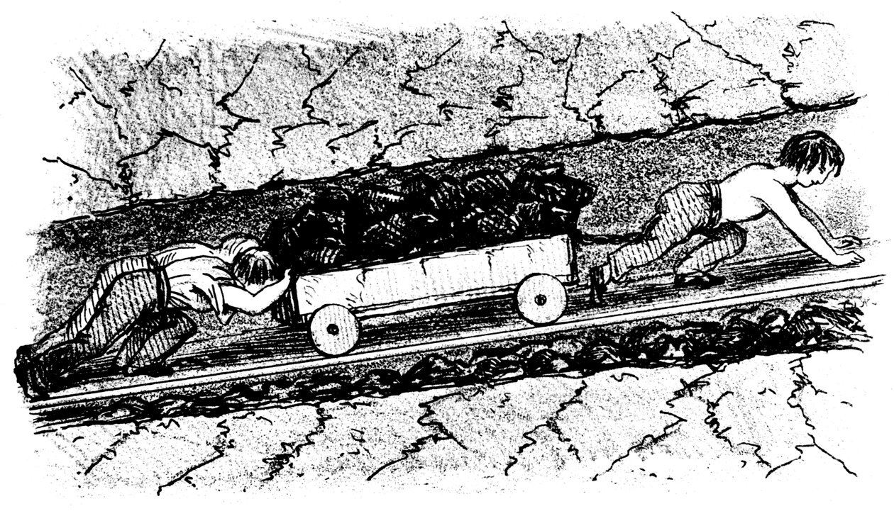 Pojkputtrar flyttar kol i en smal söm, Lancashire, England, 1848 av Unbekannt