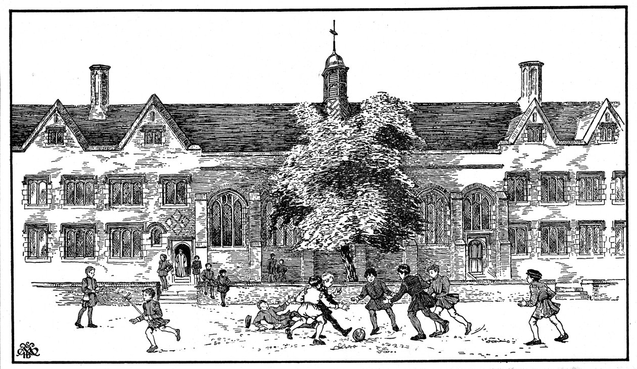 Pojkar i Tudor-tid spelar fotboll på Berkhamsted Grammar School, Hertfordshire av Unbekannt